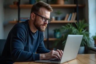 Homme comparant des adresses de sites web sur son ordinateur portable dans un bureau à domicile