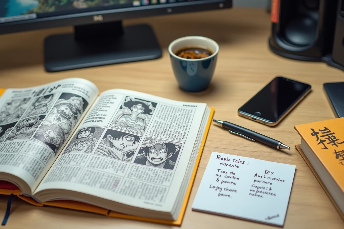 Vue de dessus d'un espace de traduction avec Weekly Shonen Jump japonais, tome français de manga et notes de traducteur comparant les délais de sortie