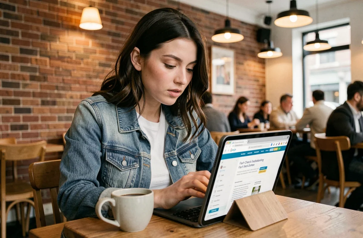 Jeune femme dans un café consultant un site d'informations sur une tablette pour vérifier la fiabilité d'une actualité avant de partager