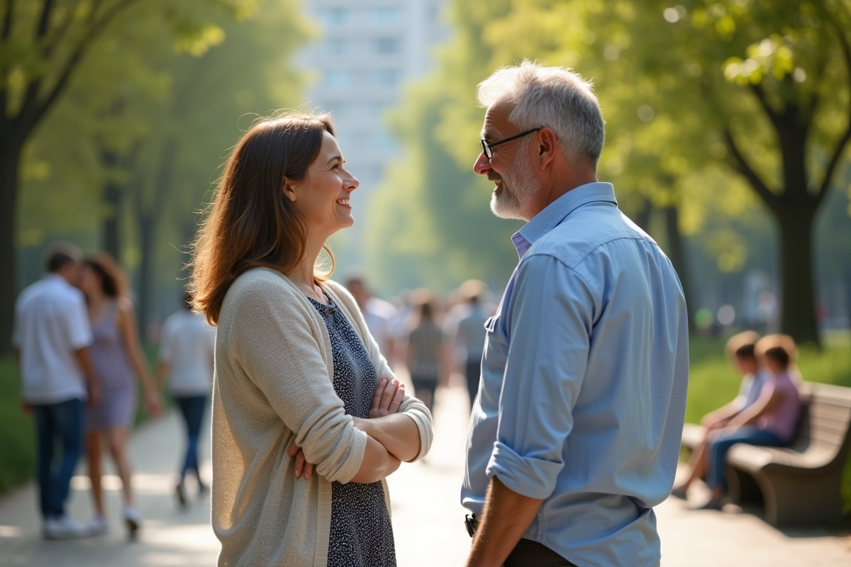 Homme et femme discutant dans un parc urbain ensoleille