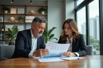 Couple d'affaires examinant un portefeuille d'investissement