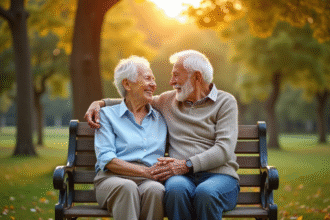 Couple âgé assis sur un banc de parc main dans la main amour durable
