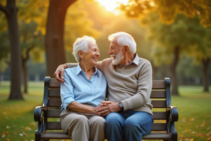 Couple âgé assis sur un banc de parc main dans la main amour durable