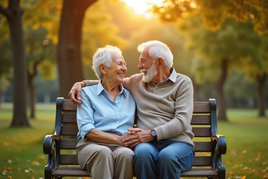 Couple âgé assis sur un banc de parc main dans la main amour durable