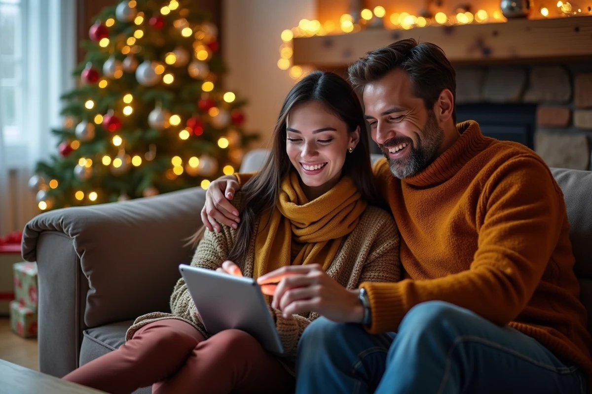 Couple commandant ensemble le calendrier de l'avent FDJ 2026 sur tablette dans un salon décoré pour Noël