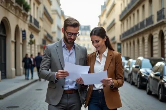 Couple examinant des documents immobiliers devant des façades haussmanniennes dans une rue typique de ville française