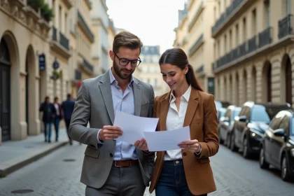 Couple examinant des documents immobiliers devant des façades haussmanniennes dans une rue typique de ville française