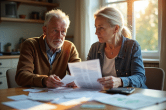 Couple inquiet à la cuisine avec factures et calculatrice