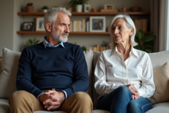 Couple d'âge moyen assis séparément dans un salon chaleureux