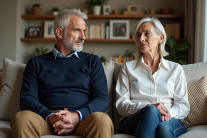 Couple d'âge moyen assis séparément dans un salon chaleureux