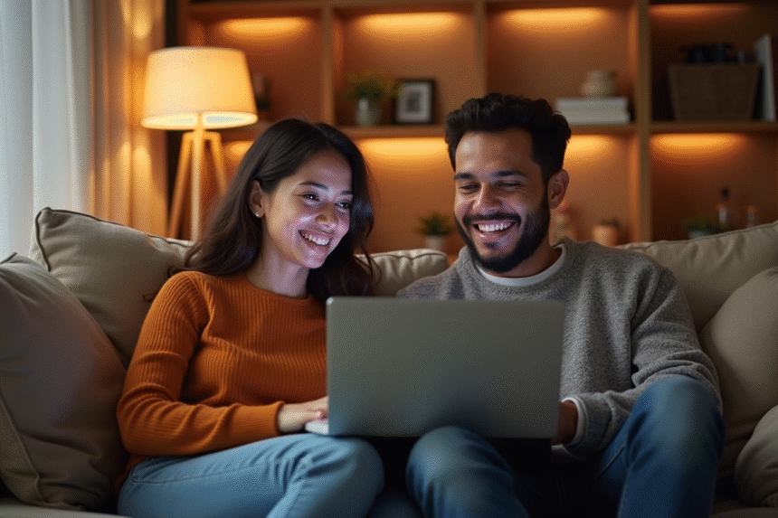 Couple souriant discutant en vidéo dans leurs appartements modernes