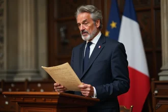 Homme lisant les couplets oubliés de La Marseillaise sur un document ancien dans une salle des fêtes municipale française