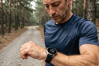 Coureur examinant sa montre GPS affichant la conversion miles-kilomètres sur un sentier forestier