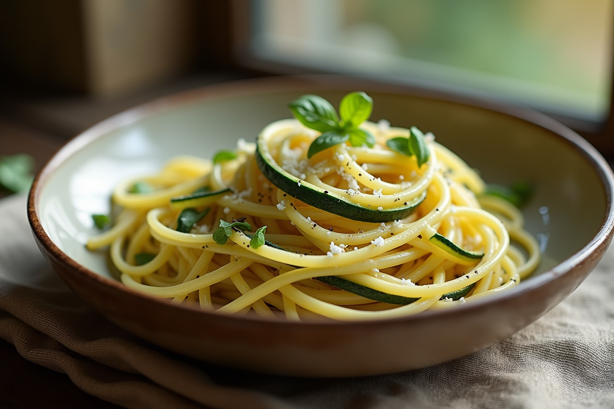 Tagliatelle de courgette dans un bol rustique avec parmesan