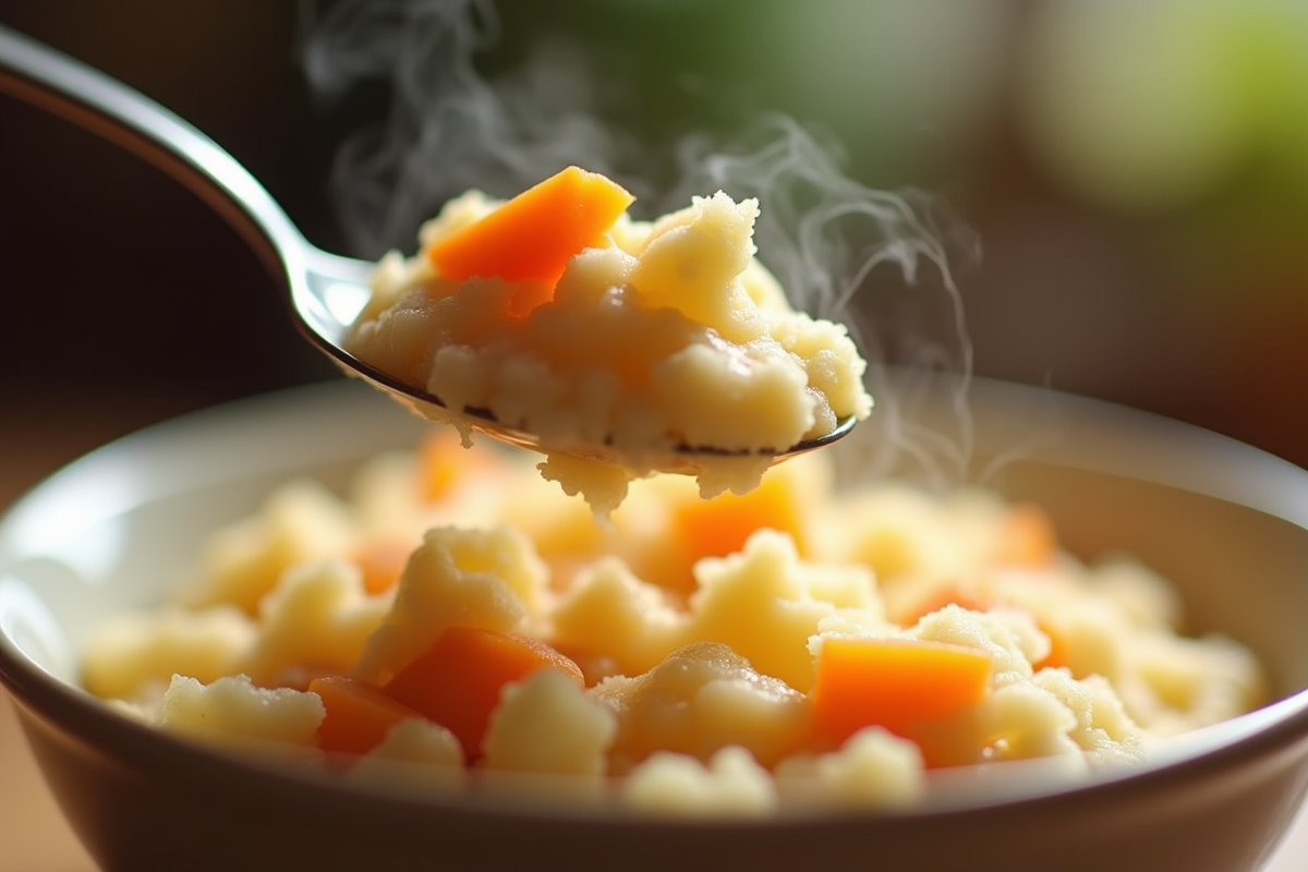Cuillère soulevant la purée de pommes de terre et carottes