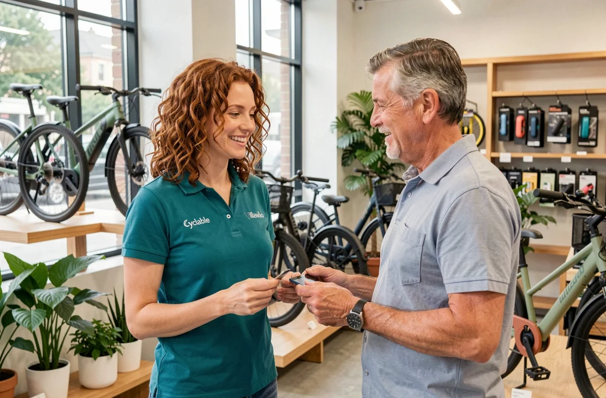 Conseillère de Cyclable Villavélo aidant un client à choisir des accessoires pour vélo électrique