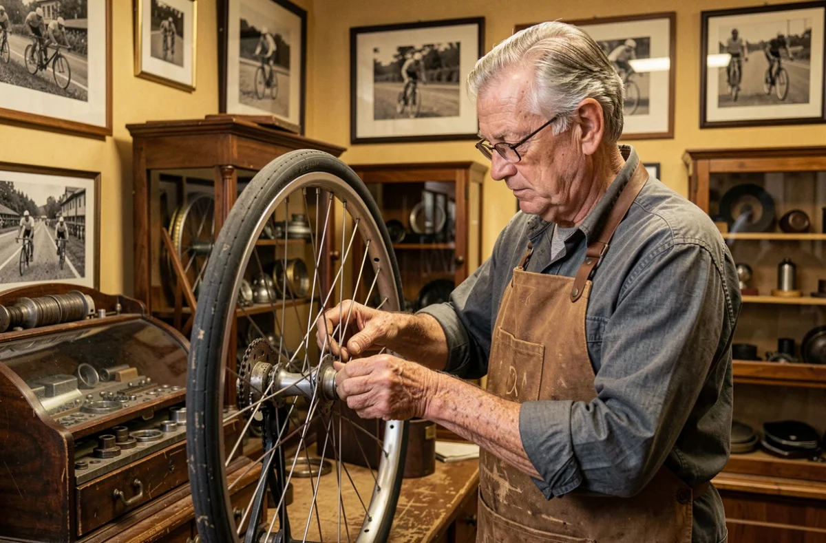 Artisan de Cycles Lecolier centrant une roue classique dans une boutique historique