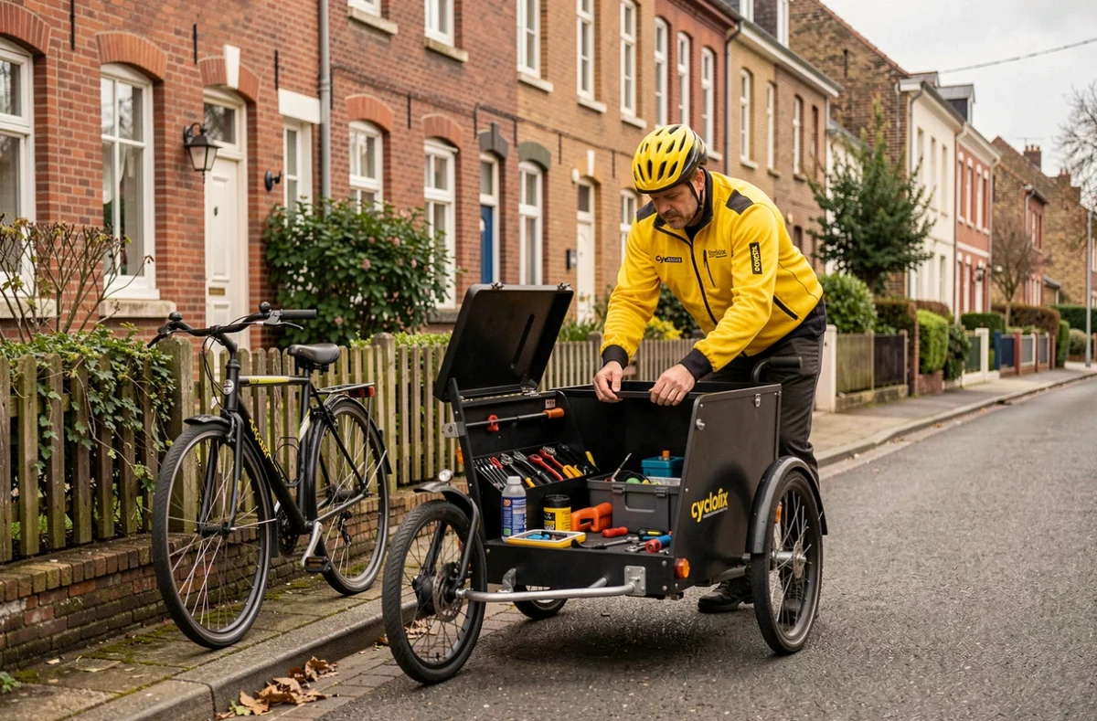 Technicien Cyclofix Nord arrivant en vélo cargo pour une réparation à domicile dans une rue du Nord