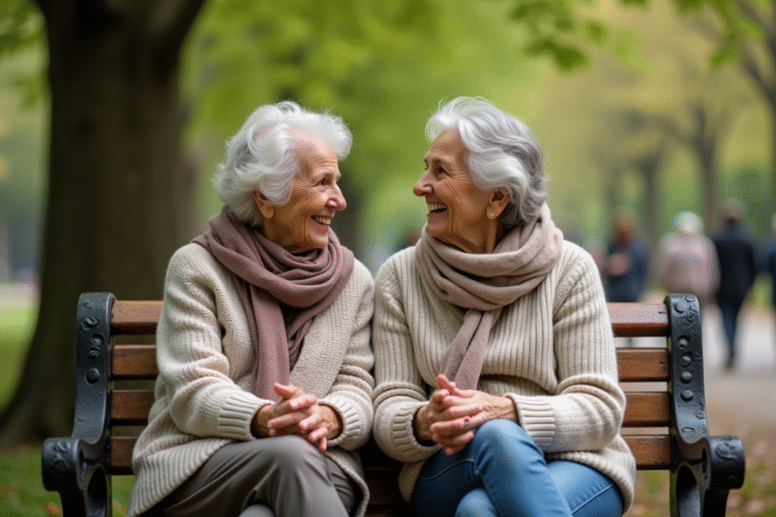 Deux femmes âgées souriantes assises sur un banc dans un parc