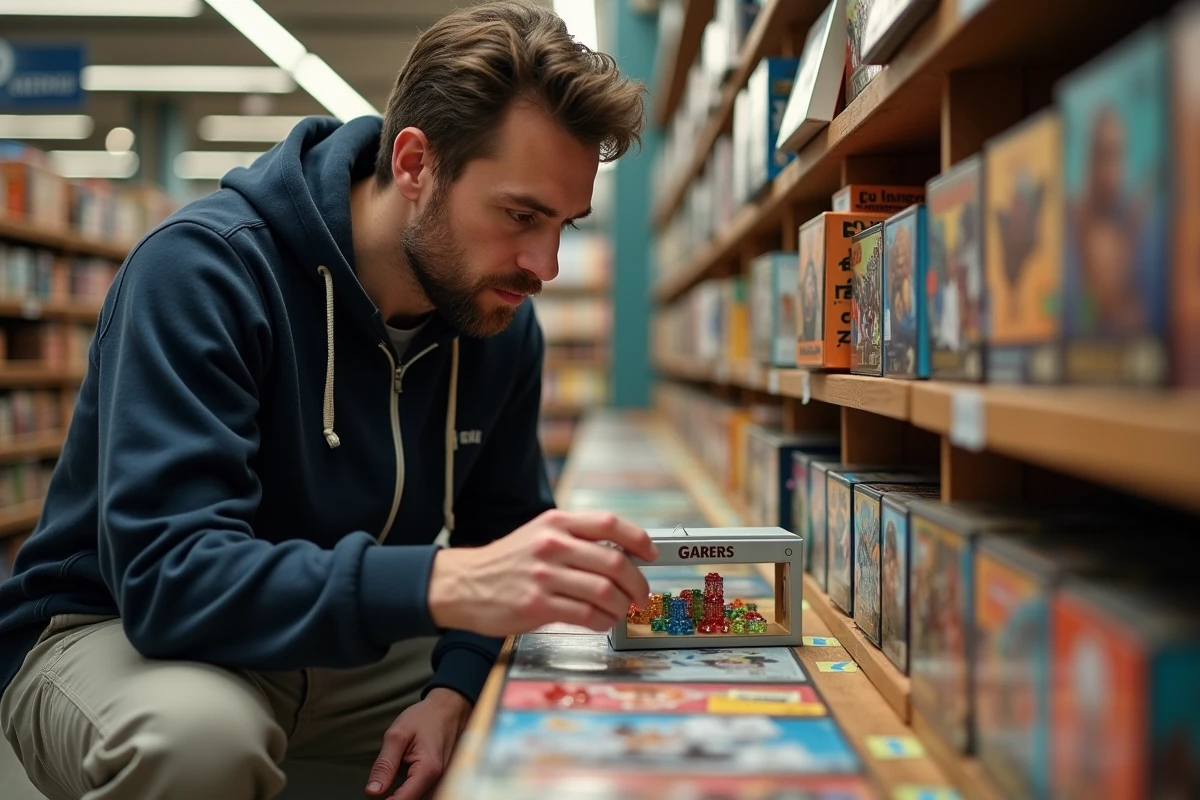 Homme dans un magasin de jeux de société examinant des dés de plateau pour jouer à Monopoly Go