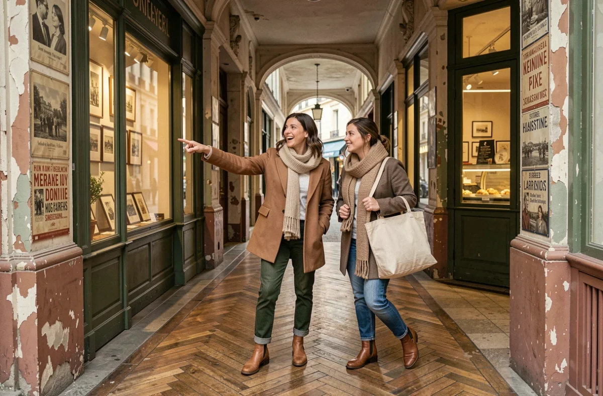 Deux femmes explorant un passage couvert parisien avec parquet en chevron et boutiques anciennes