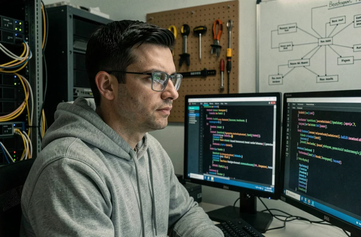 Développeur web concentré devant des écrans de configuration DNS dans un environnement informatique, illustrant une enquête sur une redirection de domaine