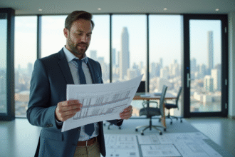 Promoteur immobilier confiant dans un bureau moderne avec plans