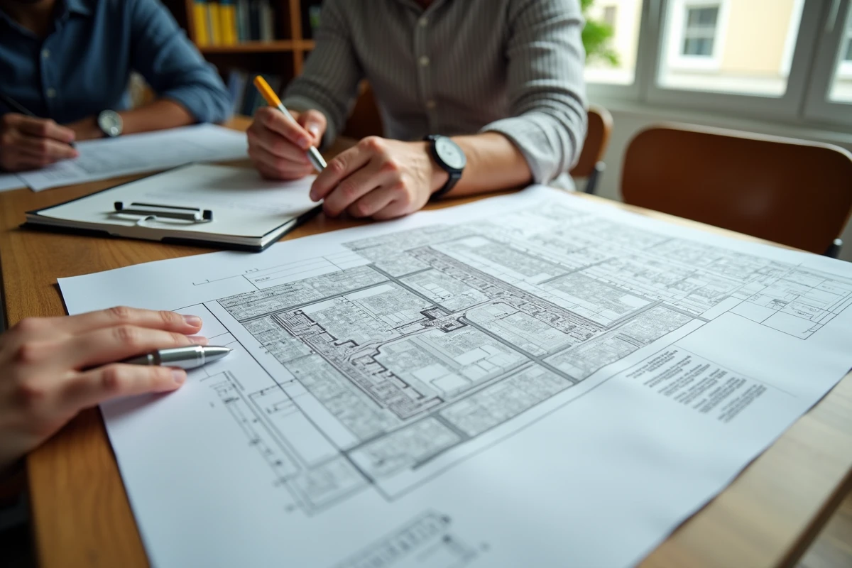 Documents de vérification immobilière, plan cadastral et rapports d'inspection sur une table en bois pour l'achat d'un bien en France