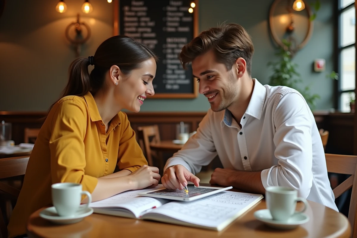 Deux amis collaborant sur une stratégie de jeu de mots autour d'une tablette dans un café parisien