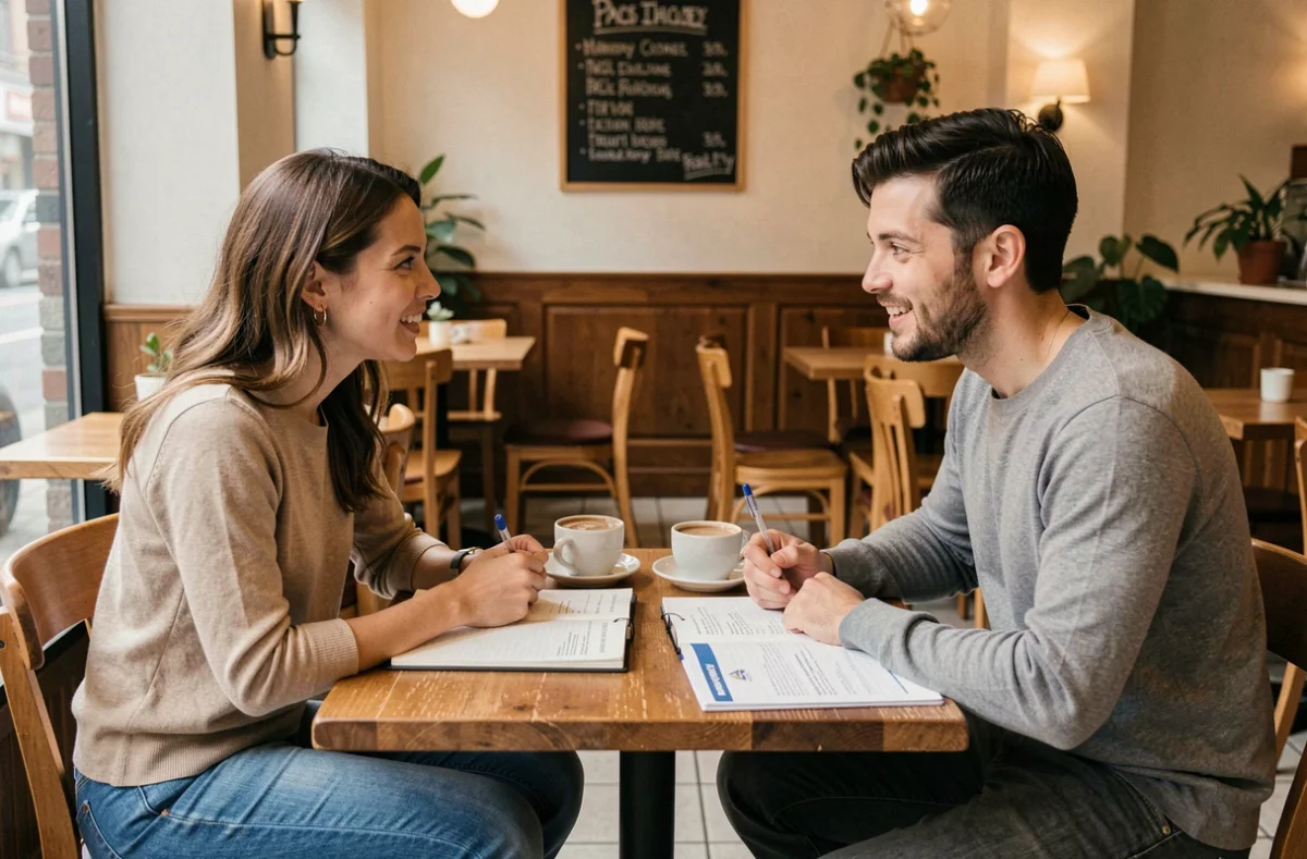 Deux personnes en reconversion professionnelle échangeant sur leurs projets de carrière autour d'un café en ville