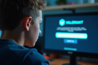 Jeune joueur regardant un écran d'ordinateur avec erreur Valorant
