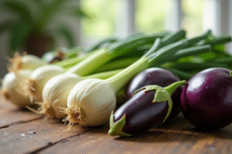 Endives et aubergines fraîches sur une table en bois