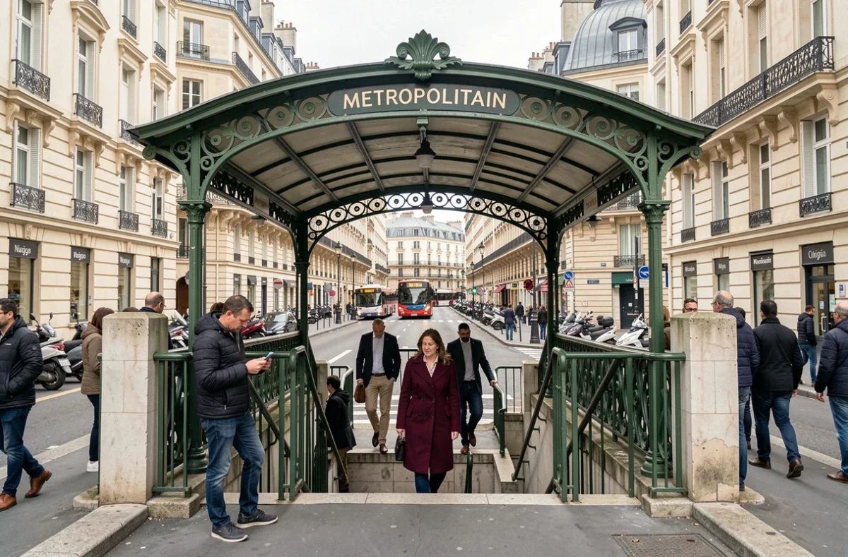 Entrée de station de métro parisienne ligne 3 avec des navetteurs en heure de pointe pour le trajet domicile-travail