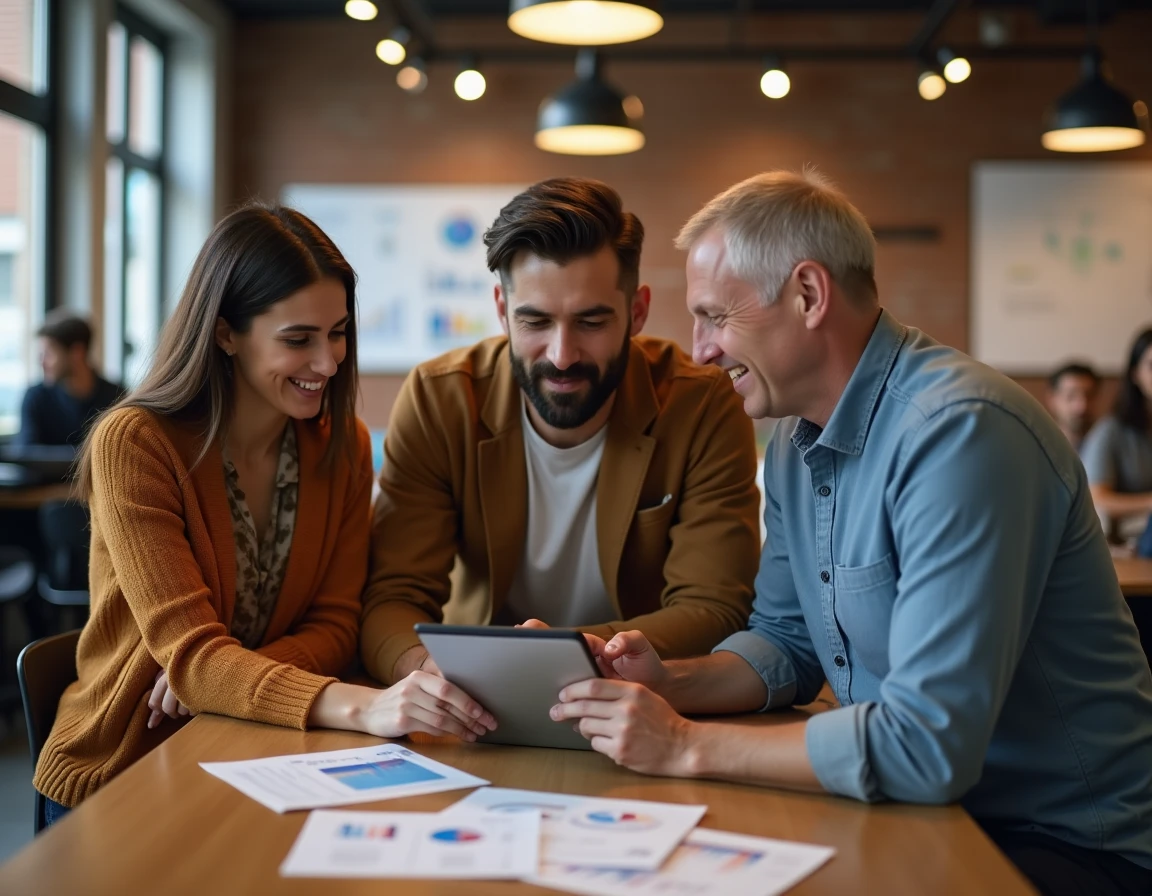 Équipe de collègues analysant ensemble des données en ligne sur une tablette dans un espace de coworking