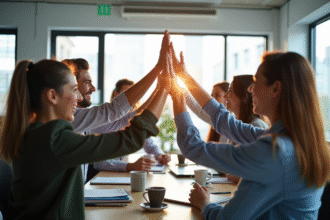 Groupe d'employes souriants dans un bureau lumineux