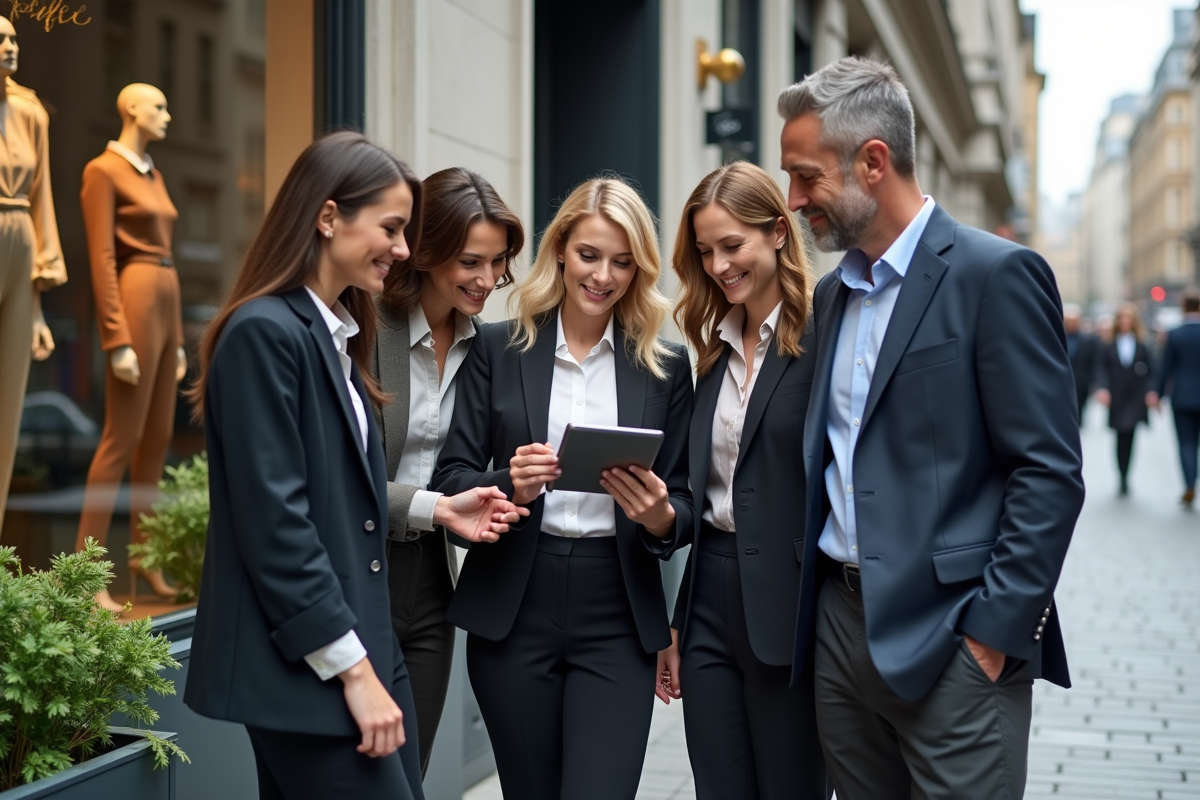 Equipe de professionnels de mode devant une boutique urbaine