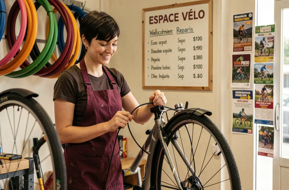 Mécanicienne d'Espace Vélo réglant les câbles de frein d'un vélo de ville sur support