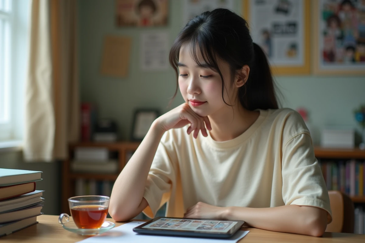 Jeune femme lisant des scans manga en français sur une tablette dans une chambre d'étudiante avec des affiches manga au mur