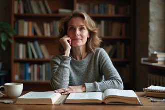 Femme étudiant l'étymologie du mot parenthèse dans un bureau entouré de dictionnaires et livres de grammaire française