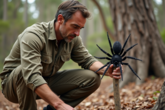 Expert australien observant une araignee noire dans la nature