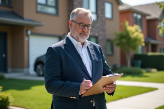 Expert immobilier homme en costume évaluant une maison