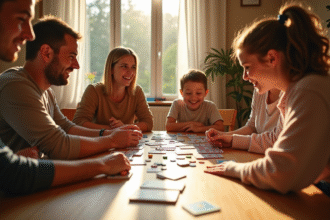 Famille souriante jouant au Nain Jaune à la maison