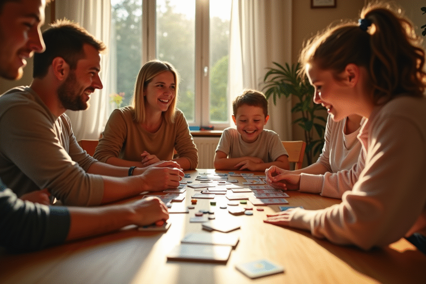 Famille souriante jouant au Nain Jaune à la maison