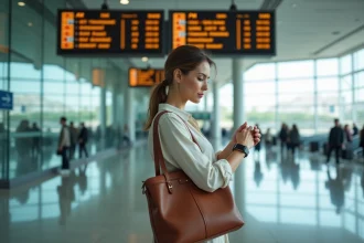 Femme consultant sa montre devant un tableau de départs d'aéroport affichant des horaires AM et PM