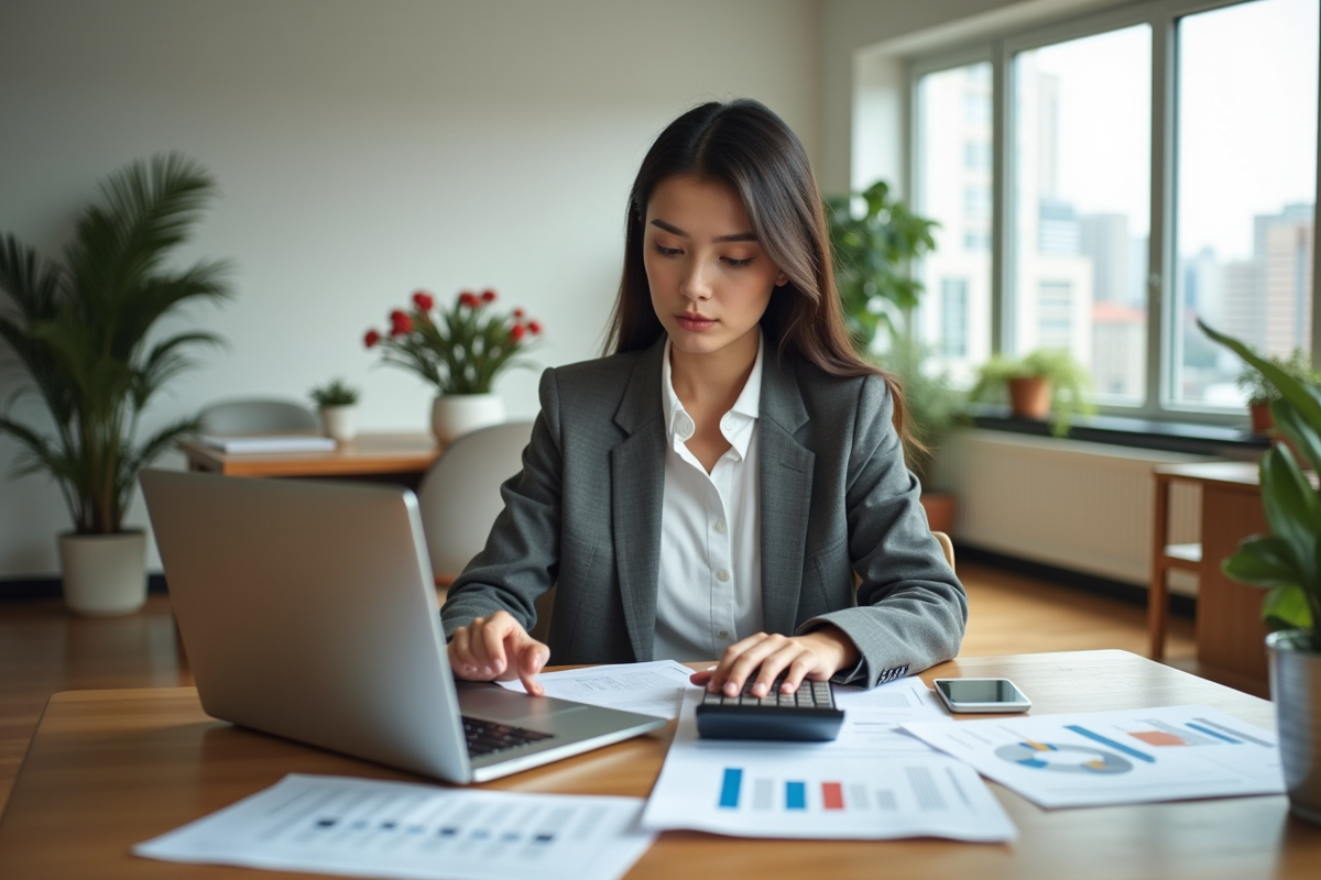 Femme en bureau moderne analysant documents immobiliers