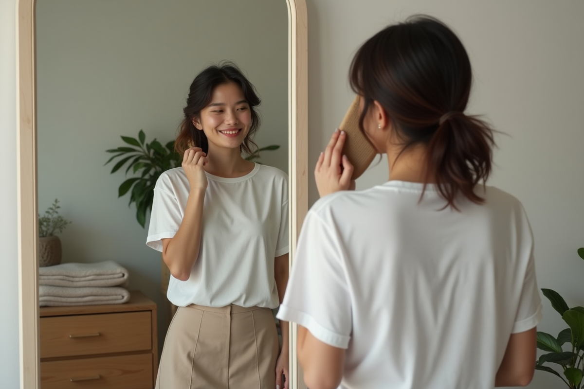 Femme se coiffant devant un miroir dans sa chambre