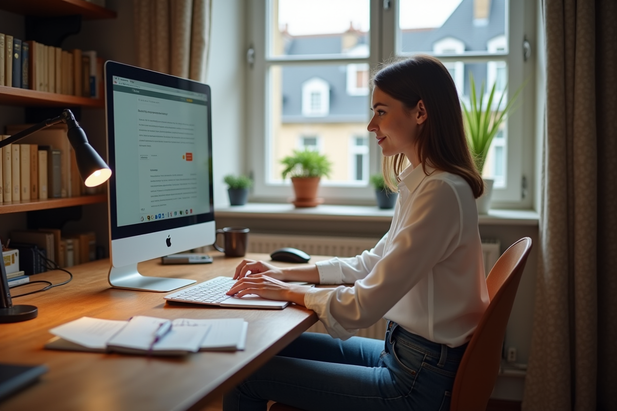 Jeune femme française travaillant seule dans son bureau à Paris