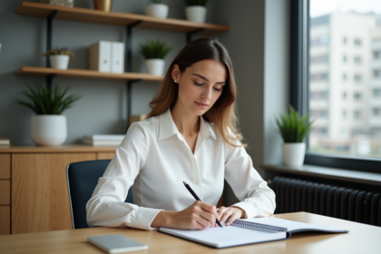 Femme au bureau en blouse blanche et notes professionnelles