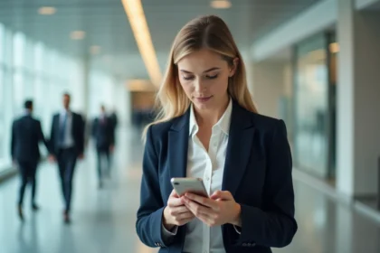 Femme d'affaires dans un bâtiment moderne en déplacement