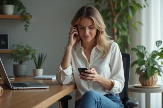 Femme en bureau moderne regardant son smartphone